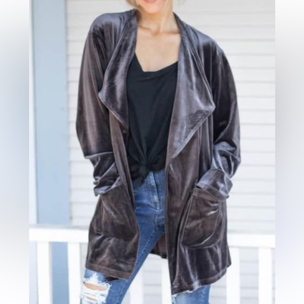 Amaryllis Women's Velvet Taupe Open Front Cardigan Jacket with‎ Pockets Medium
